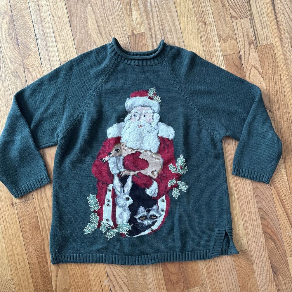 1997 Susan Bristol Christmas Sweater Santa W/Animals Size Large 3D Beard &Bells